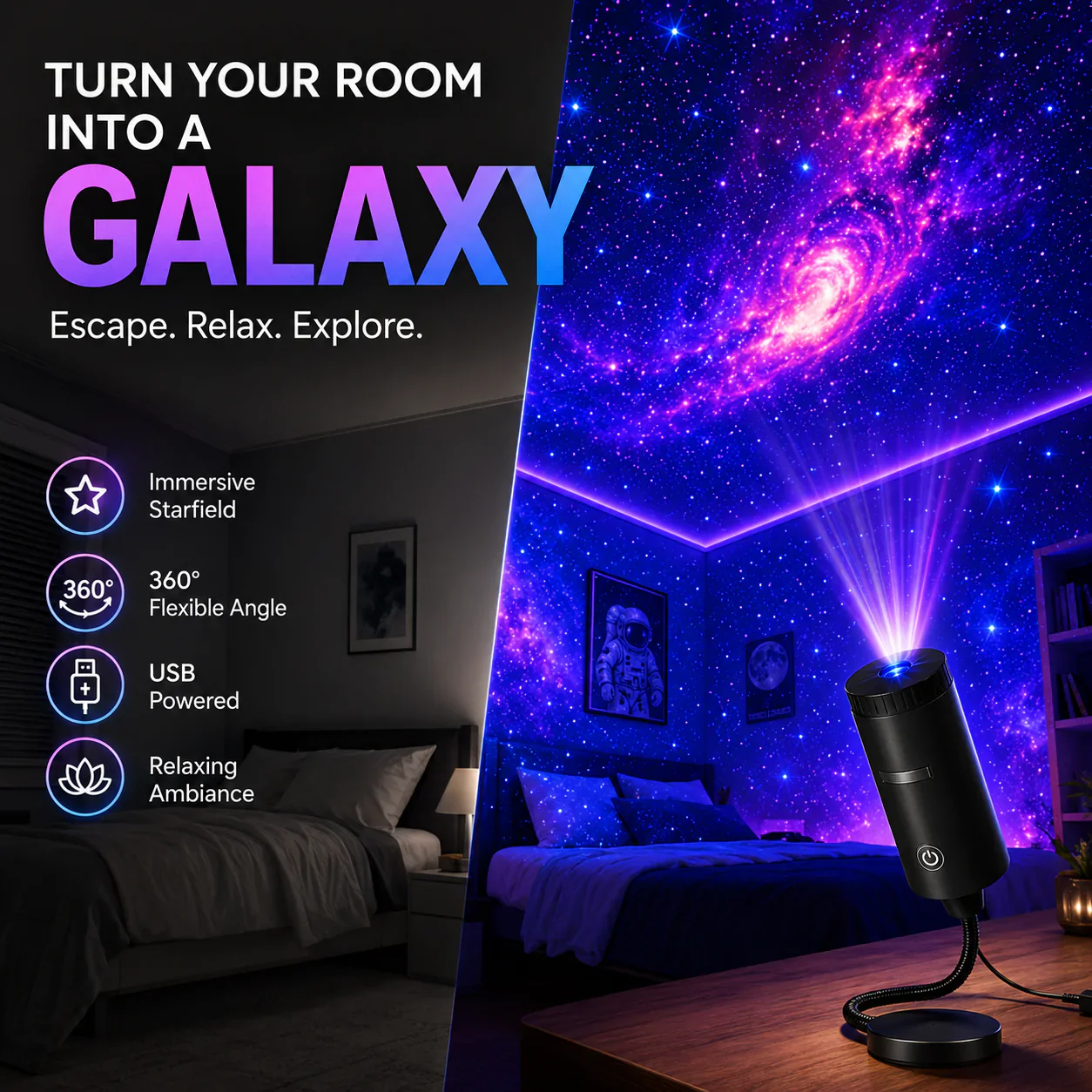 Plug-&-Play HD Star Projector - 11 Galaxy,Butterfly & Ocean Scenes