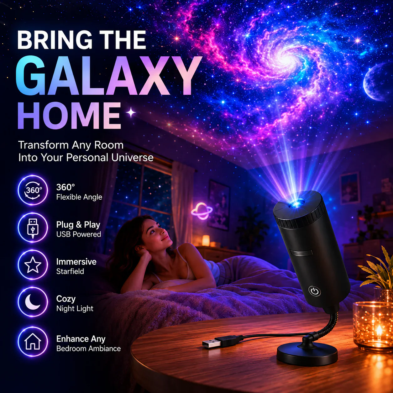 Plug-&-Play HD Star Projector - 11 Galaxy,Butterfly & Ocean Scenes